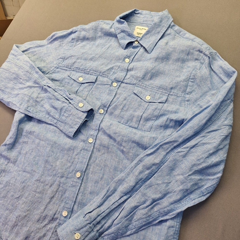 Murano Baird McNutt Linen Shirt Mens Large Blue Slim Fit Long Sleeve Button Up